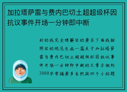 加拉塔萨雷与费内巴切土超超级杯因抗议事件开场一分钟即中断